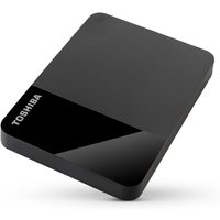 Black Toshiba Canvio Ready 1 TB external hard drive with sleek matte finish and subtle Toshiba logo.