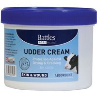 White tub with blue lid, labeled "Udder Cream" by Battle Hayward & Bower, featuring cow image and text for skin protection.