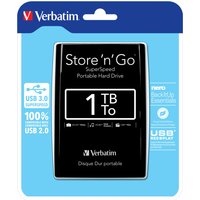 Black Verbatim Store 'n' Go 1TB USB 3.0 portable hard drive with glossy finish and white text on packaging.