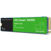 WD Green SN350 1TB M.2 NVMe SSD with green label, black section, and gold connector pins.