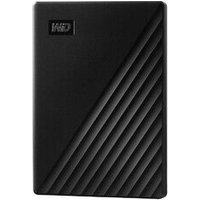 Black Western Digital My Passport external hard drive with diagonal grooves and WD logo in the top left corner.