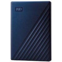 Blue Western Digital My Passport for Mac 4TB external hard drive with diagonal grooves and WD logo.