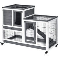 Wooden rabbit hutch with two levels, wire mesh, white and gray panels, and wheels for indoor use, 110 x 50 x 86cm.