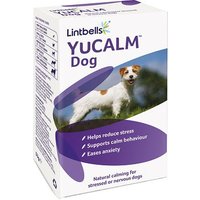 White YuMOVE Calming Care box with a dog image, purple accents, and stress relief claims for adult dogs.
