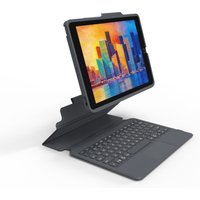 Black and gray ZAGG Keyboard Pro Keys with trackpad for Apple iPad 10.2, UK layout, attached to an iPad.