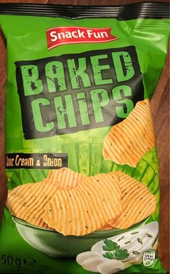 Green and black bag of Snack Fun Baked Chips featuring ridged chips with a sour cream and onion flavor, alongside a bowl of dip and herbs on the packaging.