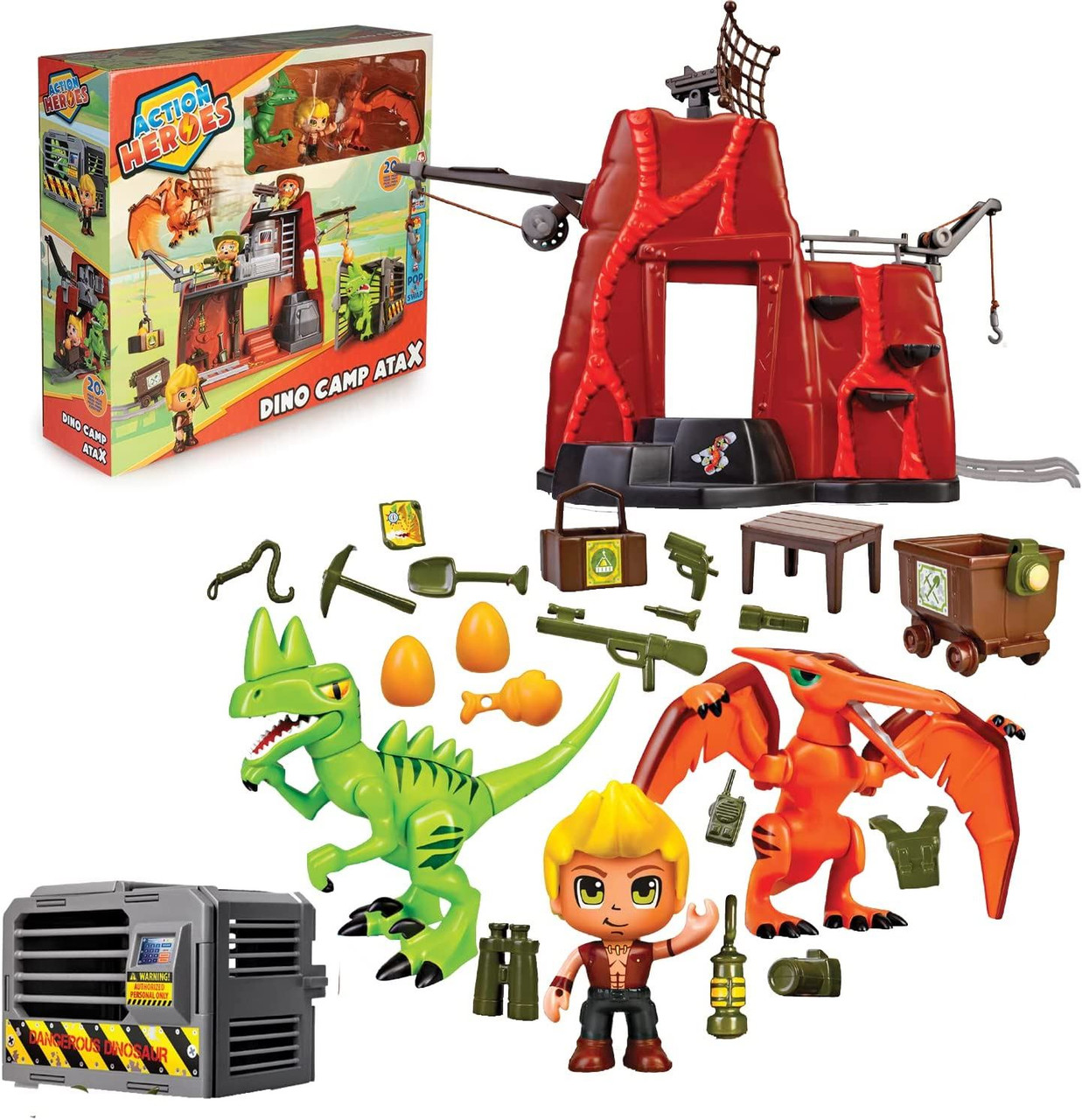 Colorful playset featuring a red rocky camp with a spider web, two action figures (a boy and two dinosaurs), various accessories like eggs, weapons, and a crate.