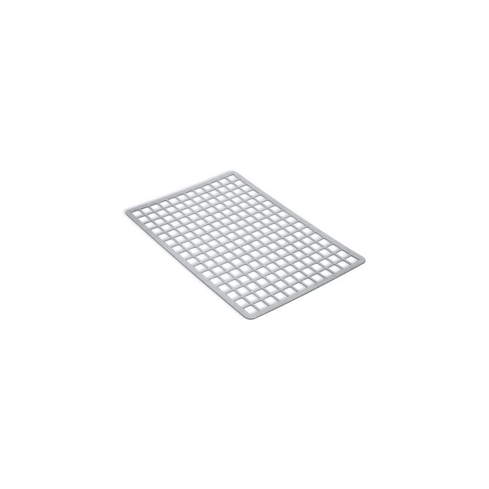 Metallic silver sink mat made of durable plastic, featuring a grid design with raised squares for drainage and protection of sink surfaces.