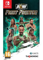 AEW: Fight Forever for Nintendo Switch features a vibrant teal background with wrestlers in action poses, showcasing dynamic graphics and the game's title in bold metallic lettering.