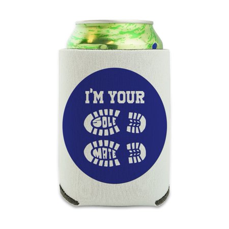 White can cooler featuring a blue circular design with the text "I'M YOUR SOLE MATE" and footprints, designed to insulate beverages and collapsible for easy storage.