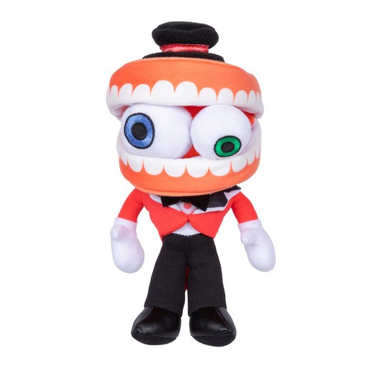 Colorful soft toy featuring a character with a large, open mouth, one blue and one green eye, wearing a red tuxedo jacket and black pants, topped with a small black hat.