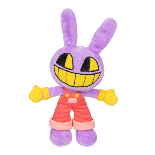 Purple plush soft toy with large yellow grin, black eyes, and long bunny ears, wearing red overalls with pink cuffs and yellow gloves.
