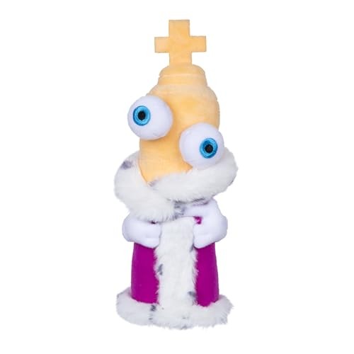 Deluxe soft toy of Kinger from The Amazing Digital Circus, featuring a yellow head with large blue eyes, a purple robe, and a white fur trim, topped with a cross.