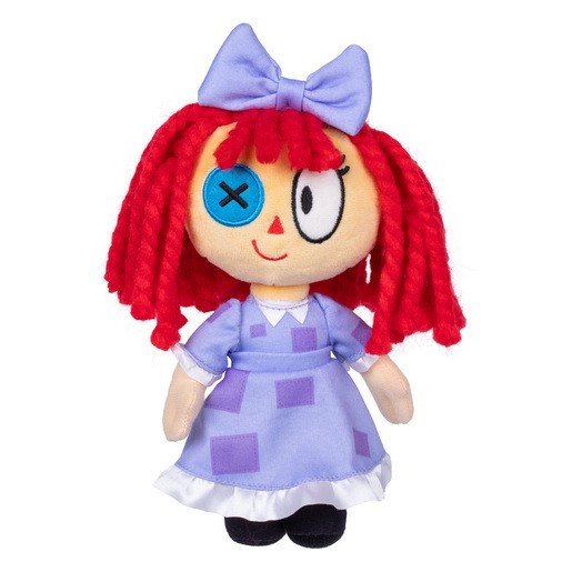 Deluxe Ragatha soft toy features a round head with a stitched eye, vibrant red yarn hair, a purple dress with square patterns, and a large bow on top.