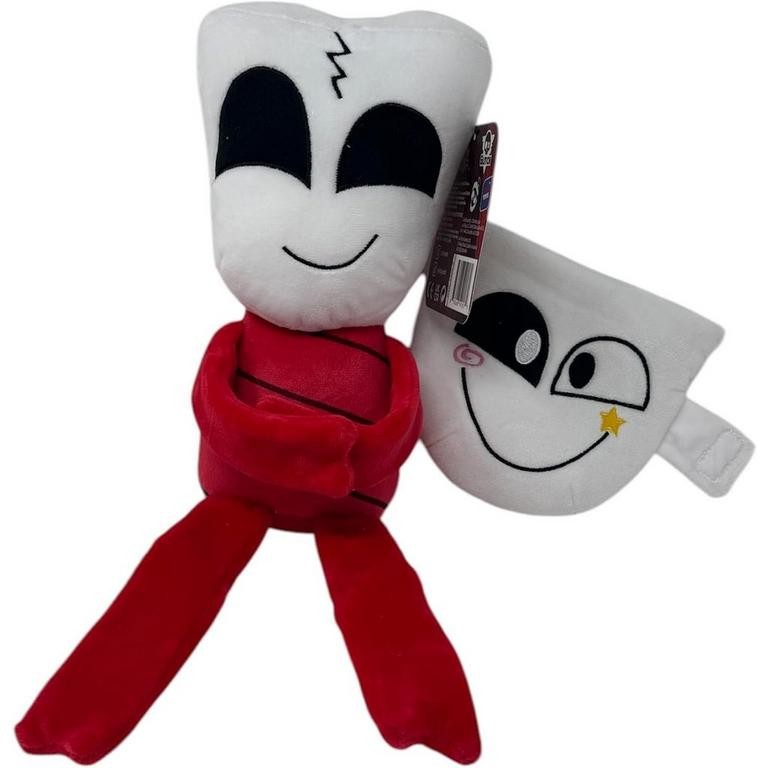 A 25cm soft toy featuring a smiling character with a white head, black eyes, and a red body, complemented by red legs and a secondary white face with a playful expression.