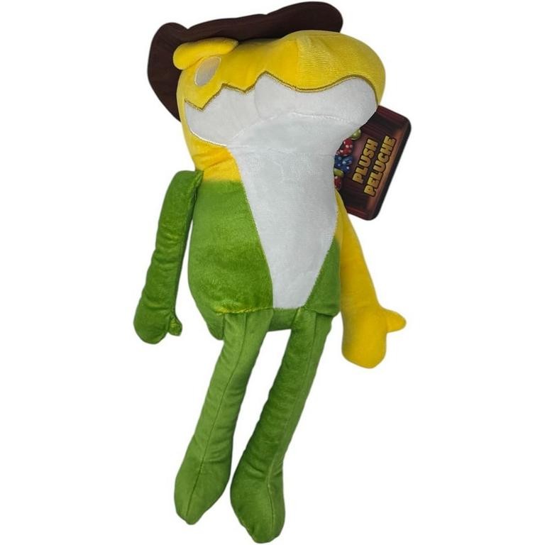 Soft toy featuring a green and yellow character with a cowboy hat, made of plush material, with long limbs and a smiling face, measuring 25cm.