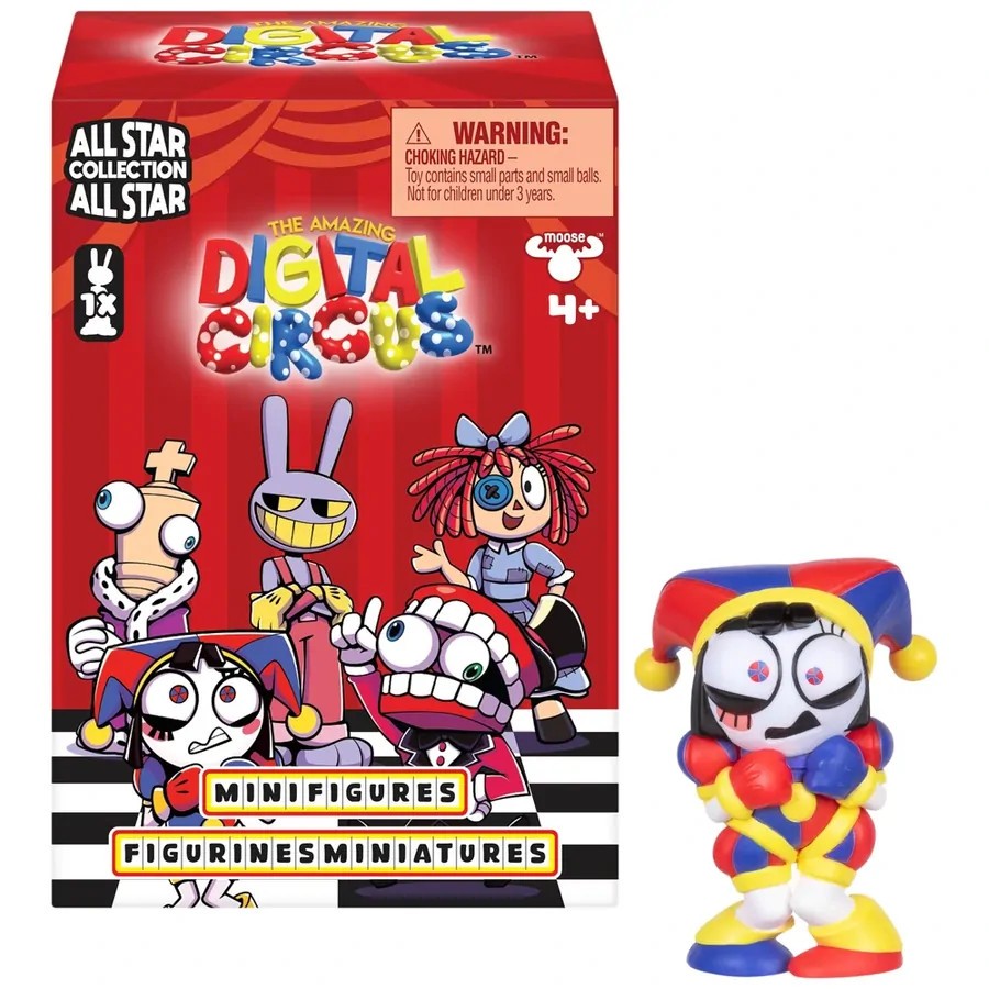 Colorful mini figure from "Amazing Digital Circus," featuring a jester design with a multicolored outfit, alongside a vibrant box showcasing various character styles.