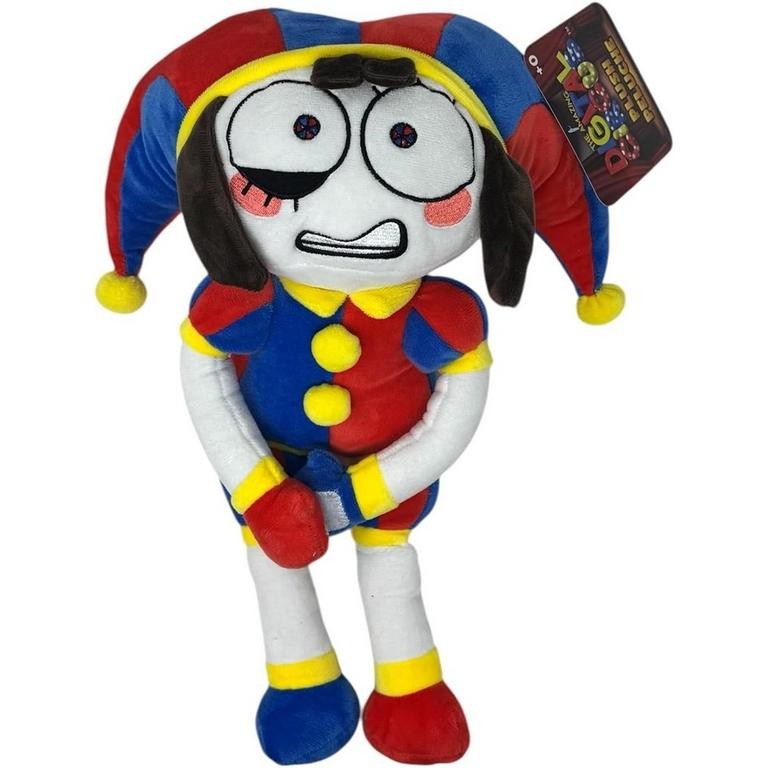 Soft toy of Pomni from Amazing Digital Circus, featuring a jester-like design with blue and red colors, yellow accents, and a playful expression, made of plush material.