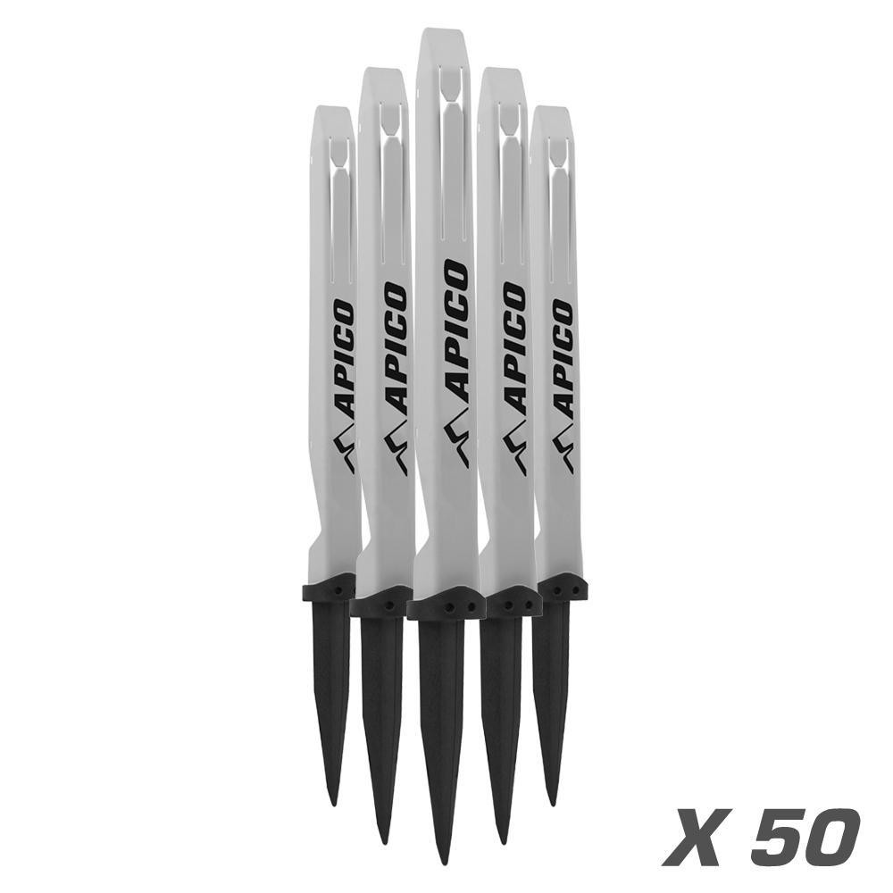 White plastic track markers with black tips, featuring "APICO" branding, packaged in a set of 50 for easy visibility and use in various outdoor activities.