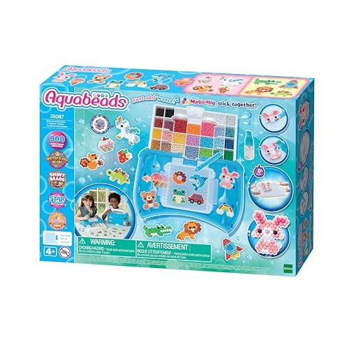 Colorful Aquabeads Beginners Studio Craft Set featuring a blue tray, various colored beads, and templates for creating bead designs, suitable for ages 4 and up.