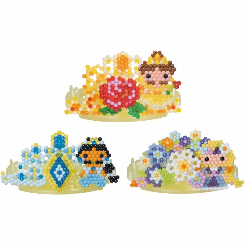 Colorful tiaras made of small, vibrant beads featuring Disney Princess designs, including a rose, flowers, and characters in yellow, blue, and pink hues.