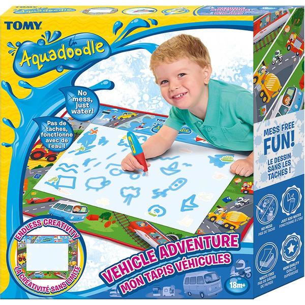 Brightly colored Aquadoodle Vehicle Adventure Doodle Mat features a water-based drawing surface with vehicles, a child using a water pen, and a mess-free design.