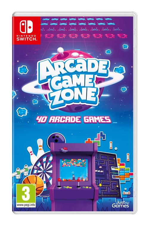 Colorful game cover featuring "Arcade Game Zone" title in bold blue letters, with a retro arcade machine graphic and vibrant cosmic background, designed for Nintendo Switch.
