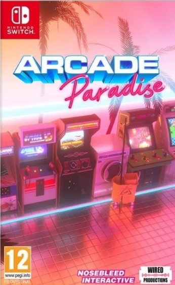 Colorful game cover featuring retro arcade machines, neon pink and blue text reading "Arcade Paradise," and a tropical theme with palm trees, set against a shiny tiled floor.