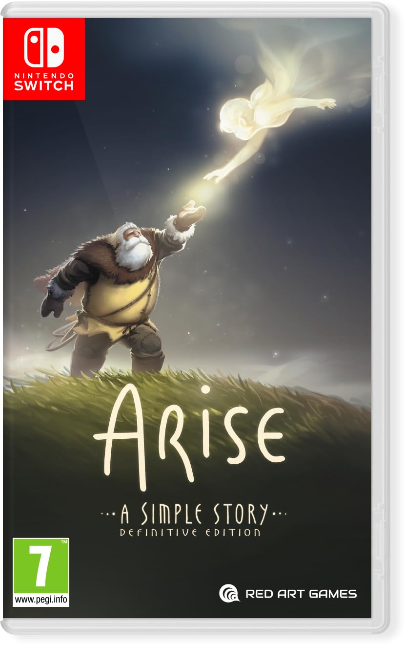 Cover art featuring a whimsical scene with a bearded figure reaching towards a glowing spirit, set against a grassy background; includes the title "Arise" prominently displayed.
