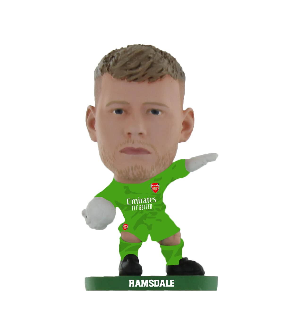 Arsenal Aaron Ramsdale SoccerStarz figurine in a green home kit with "Emirates Fly Better" logo, short blond hair, and a determined expression, standing on a green base labeled "RAMSDALE."