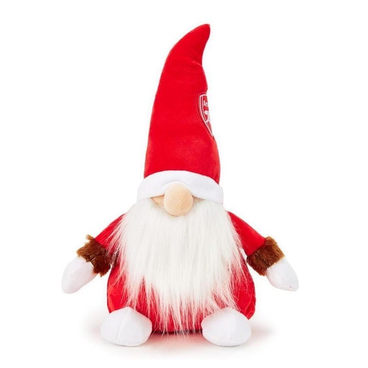 Arsenal FC Plush Gonk features a red plush body with a long pointed hat, white beard, and brown fur accents, showcasing the Arsenal logo on the hat.