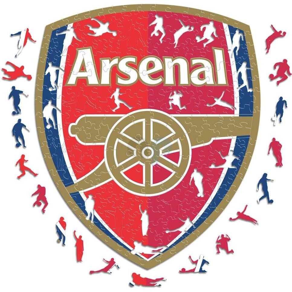 Red and gold puzzle featuring the Arsenal FC logo, with a cannon and silhouettes of players in blue and red, consisting of 500 wooden pieces.