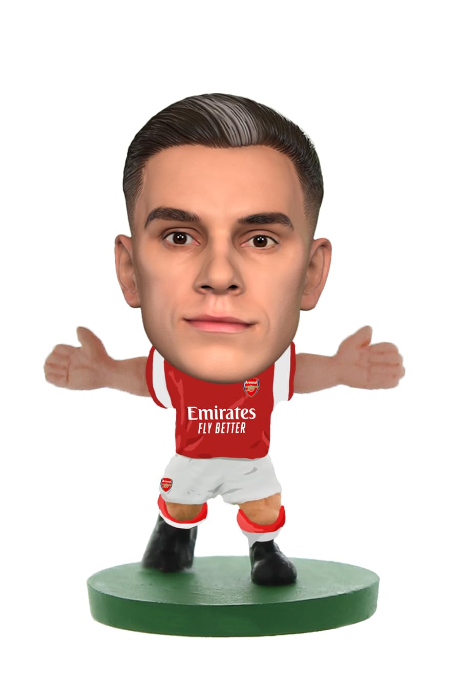 Leandro Trossard bobblehead in Arsenal's classic home kit, featuring a red jersey with white sleeves, black shorts, and a green base, showcasing a detailed facial expression.