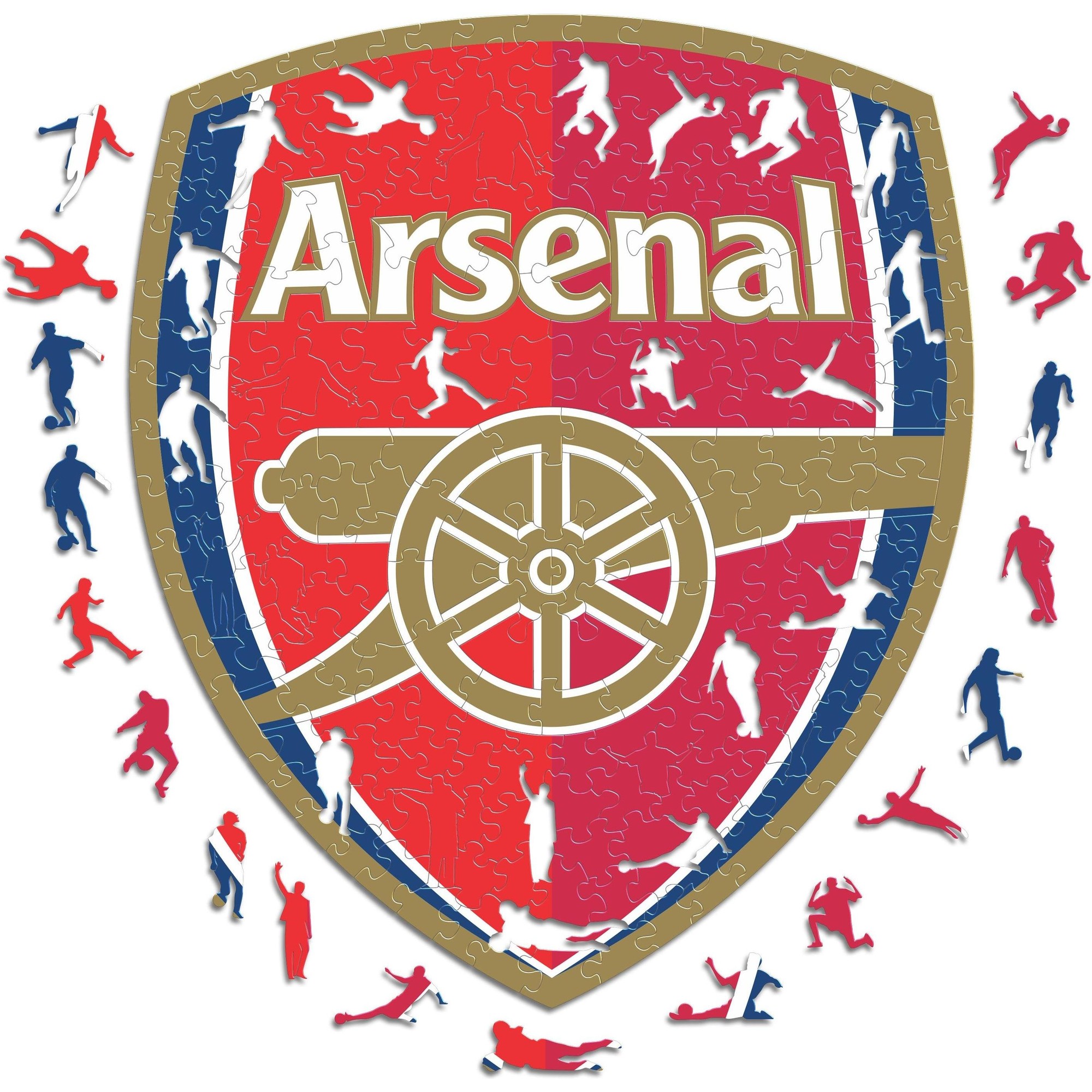 Red and gold puzzle featuring the Arsenal logo, with a cannon and silhouettes of players in blue and white surrounding the emblem.