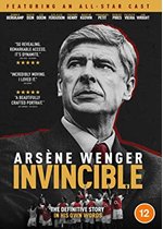 DVD cover featuring Arsène Wenger in black and white, with bold orange and yellow text reading "Arsène Wenger: Invincible" and images of football players in red and white.