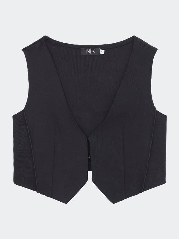 Black NTK Empire Top by Art Studio, featuring a deep V-neck, sleeveless design, and ribbed texture, crafted from soft material, size M.