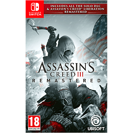 Cover art for "Assassin's Creed III Remastered" on Switch, featuring a hooded assassin, American flag, and snowy background, with a prominent Ubisoft logo and age rating of 18.