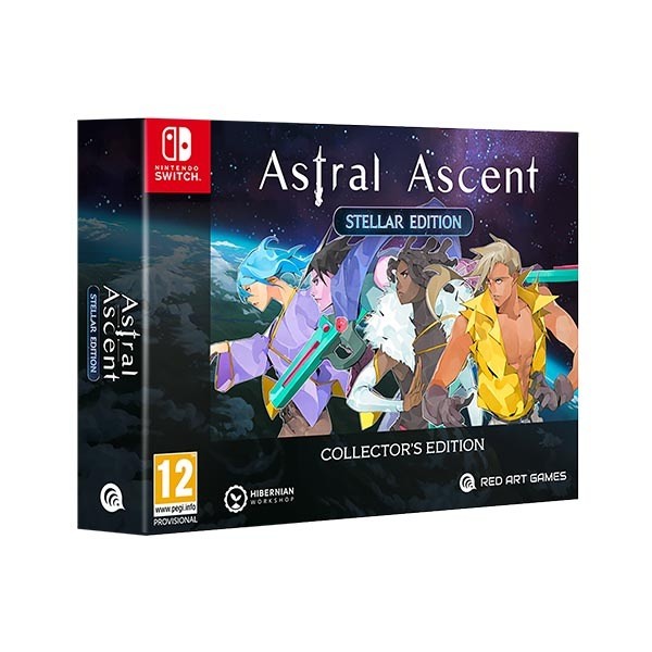 Collector's Edition box for "Astral Ascent Stellar Edition" features vibrant artwork of characters with colorful weapons against a cosmic background, designed for Nintendo Switch.