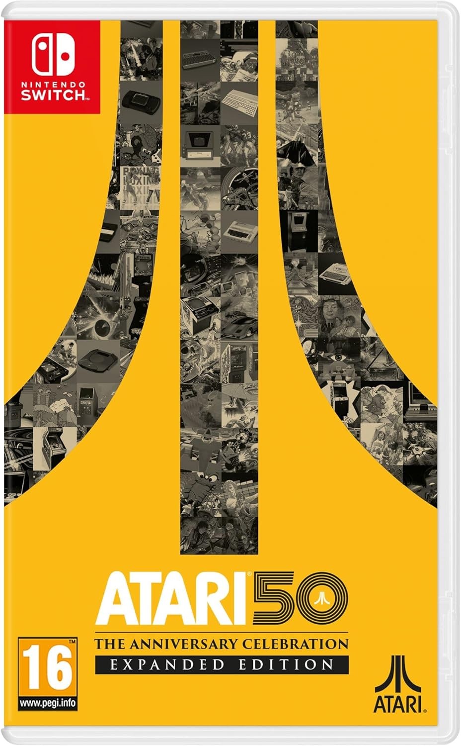 Yellow Nintendo Switch game case featuring a large black Atari logo and a collage of retro game images in the background, labeled "Atari 50: The Anniversary Celebration Expanded Edition."