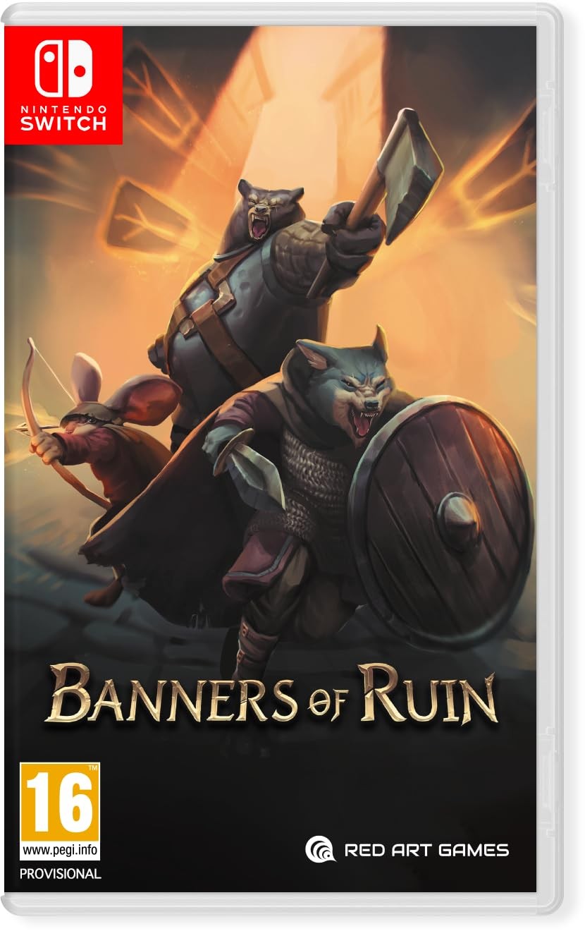 Cover art features anthropomorphic animals, including a bear in armor and two mice, set against a dramatic background with orange and yellow hues, showcasing the title "Banners of Ruin" prominently.