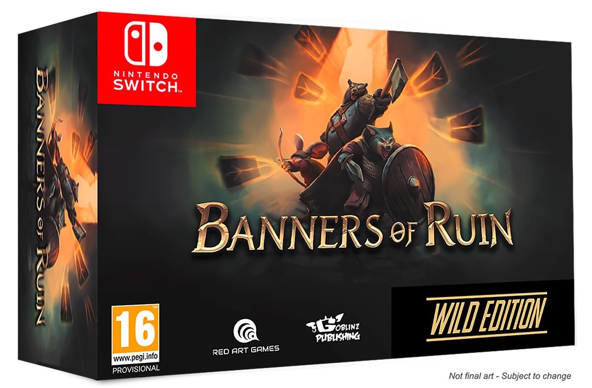 Banners of Ruin Wild Edition for Nintendo Switch features a dark box with artwork of anthropomorphic animals in battle, gold lettering, and a prominent "Wild Edition" label.