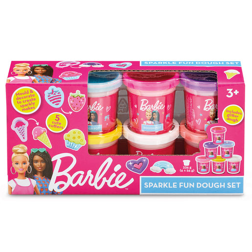 Brightly colored Barbie Dough Fun Set featuring five tubs of dough in pink, purple, and yellow, with cute shape cutters and a playful design on the packaging. Suitable for ages 3 and up.