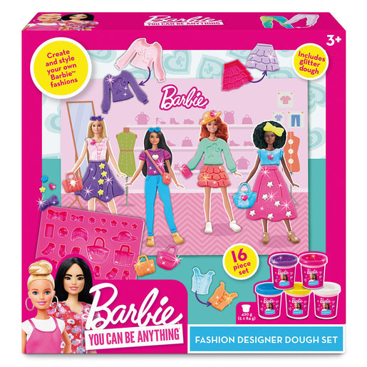 Barbie Fashion Designer Dough Playset features colorful dough containers, fashion molds, and three Barbie dolls in stylish outfits, all in a vibrant, eye-catching box design.