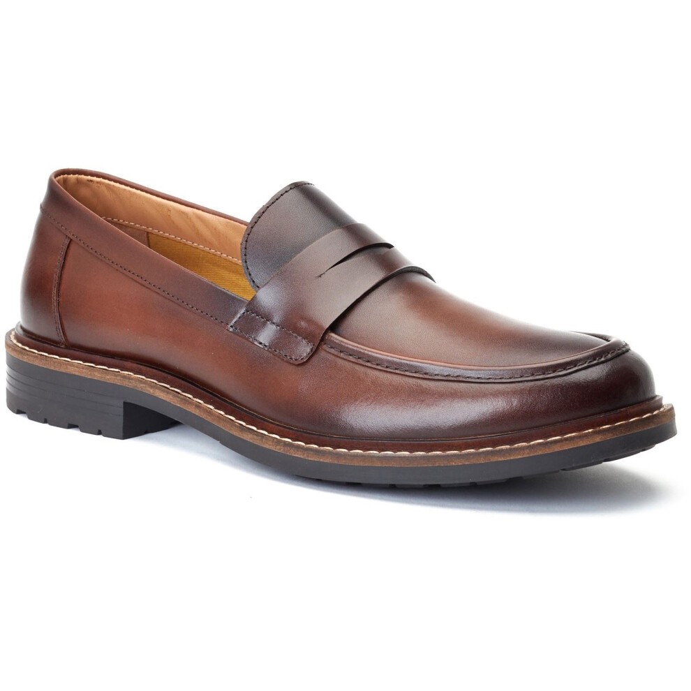 Brown leather loafer with a smooth finish, featuring a classic penny strap and a sturdy rubber sole, size 7, by Base London.