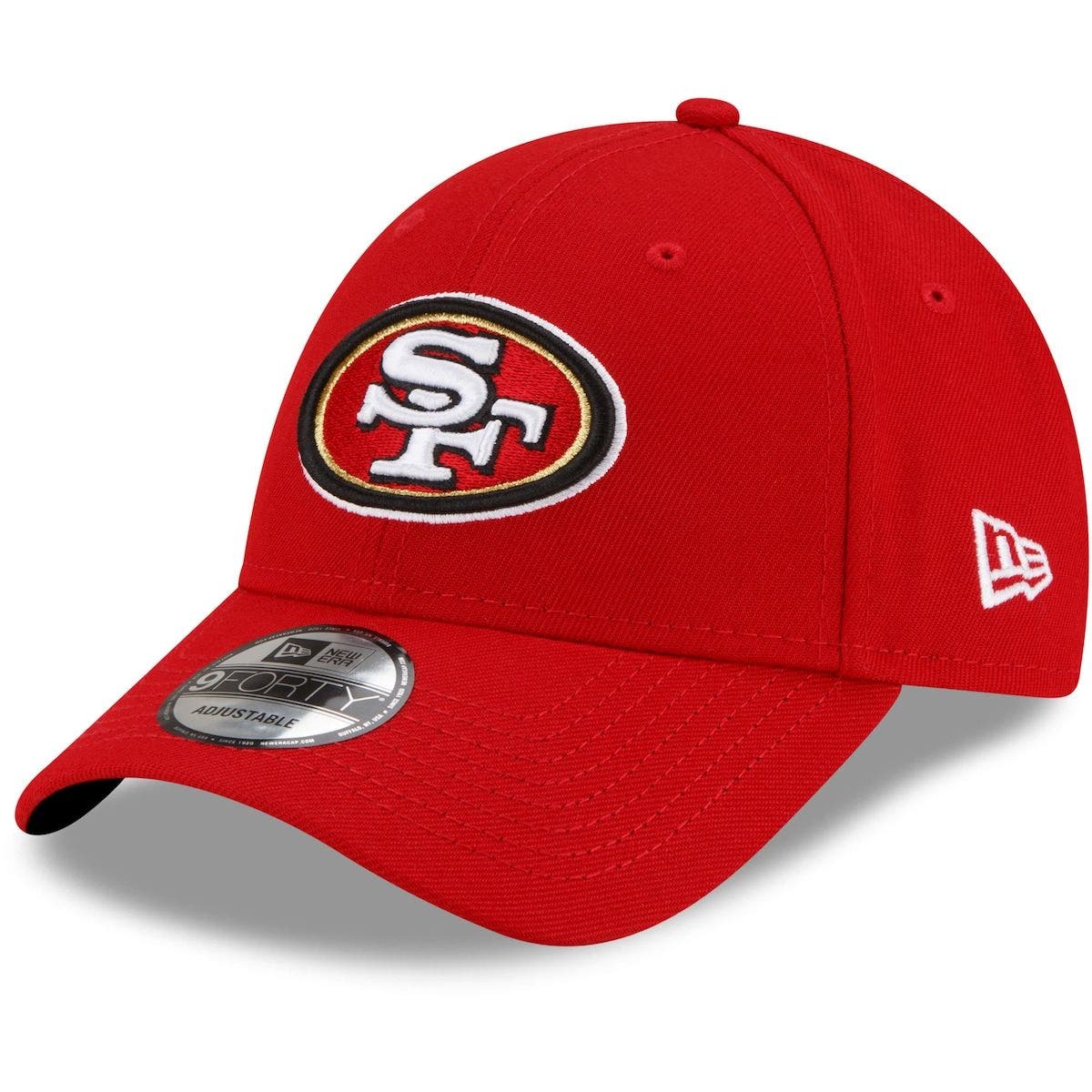 Red adjustable cap featuring the San Francisco 49ers logo on the front, made by New Era, with a curved visor and breathable fabric for comfort.