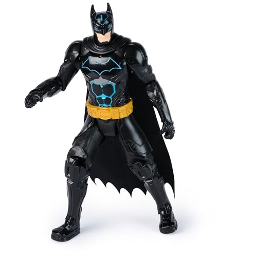 30cm Batman figure in black suit with blue accents, yellow utility belt, and flowing black cape, posed in a dynamic stance, made of durable plastic.