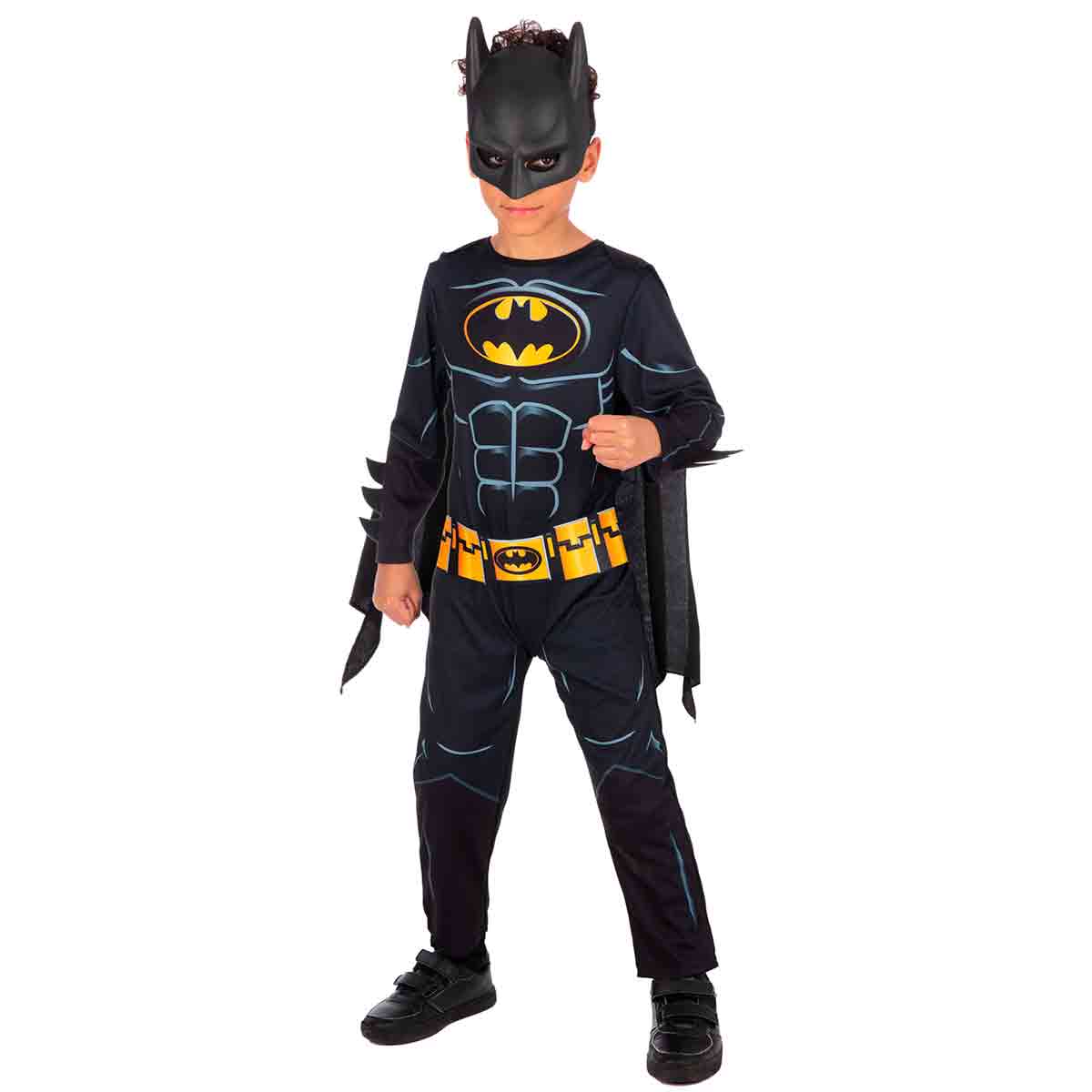 Black Batman costume featuring a muscle chest design, yellow utility belt, and attached cape, complemented by a black mask, worn by a child standing confidently.