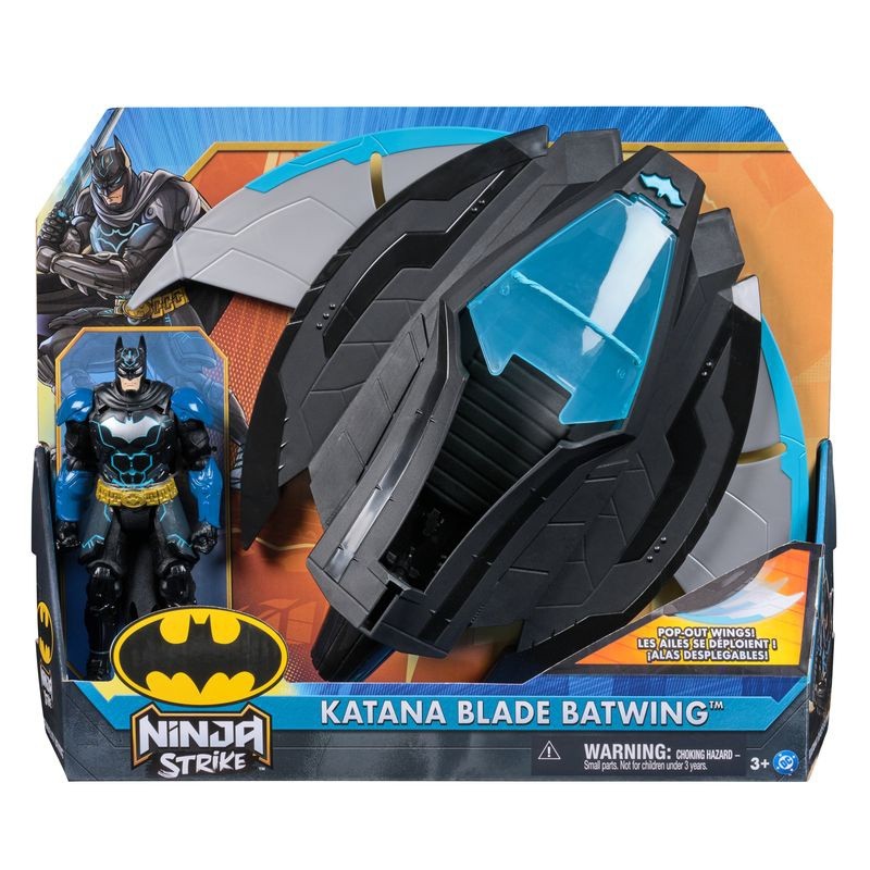Batman Katana Blade Batwing Playset features a sleek black batwing with blue accents and includes a Batman action figure, designed for imaginative play and adventure.