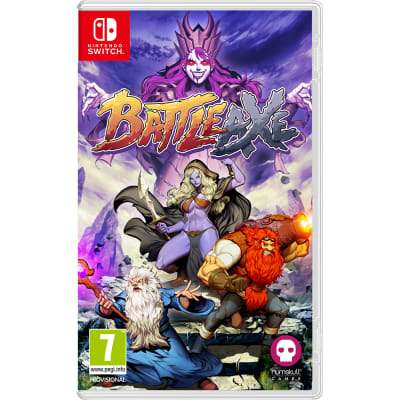 Battle Axe Standard Edition for Switch features vibrant artwork with a purple and dark background, showcasing a fierce warrior, a sorceress, and a dwarf in a fantasy setting.