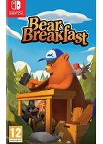 Colorful game cover featuring a cartoon bear in a blue cap building a wooden structure, surrounded by forest animals, with the title "Bear & Breakfast" prominently displayed.
